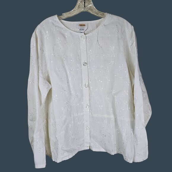 Talbots Floral Embroidered Irish Linen Button Up Top M White Coastal Feminine - Picture 1 of 8